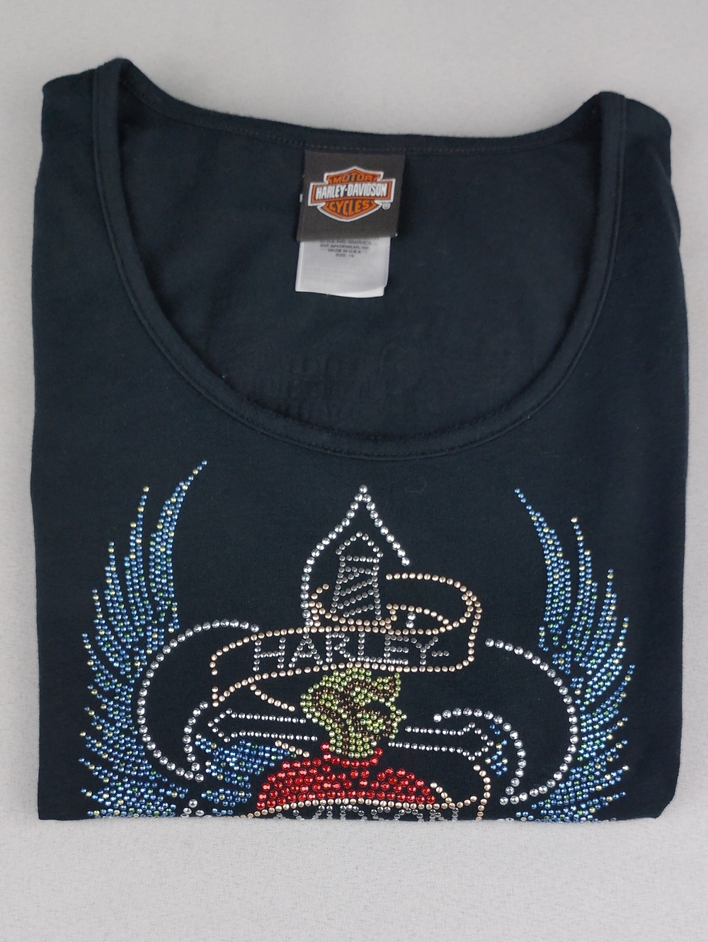 Harley-Davidson Black Tank Top with Blue Wing and Red Heart Rhinestones
